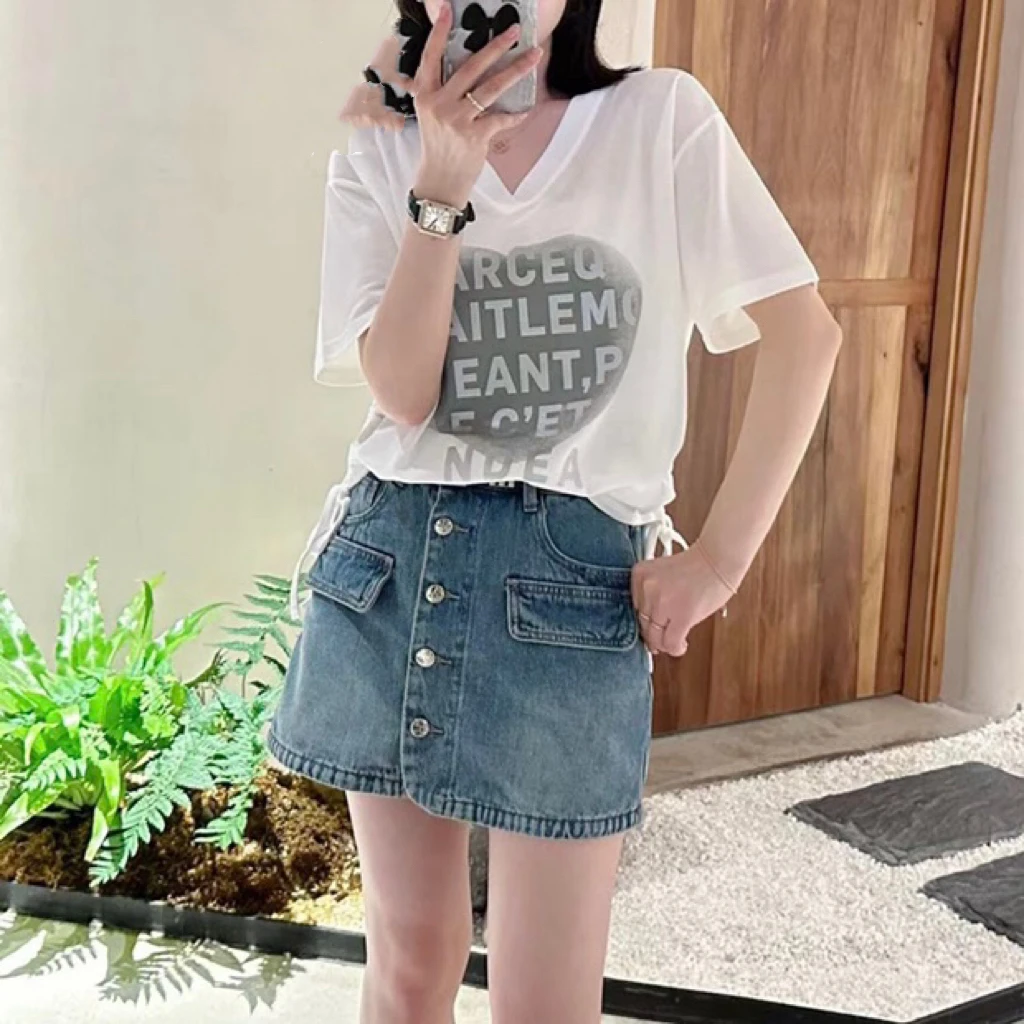 不规则时尚显瘦抽绳设计感美背T恤洋气烫银印花爱心字母短袖上衣