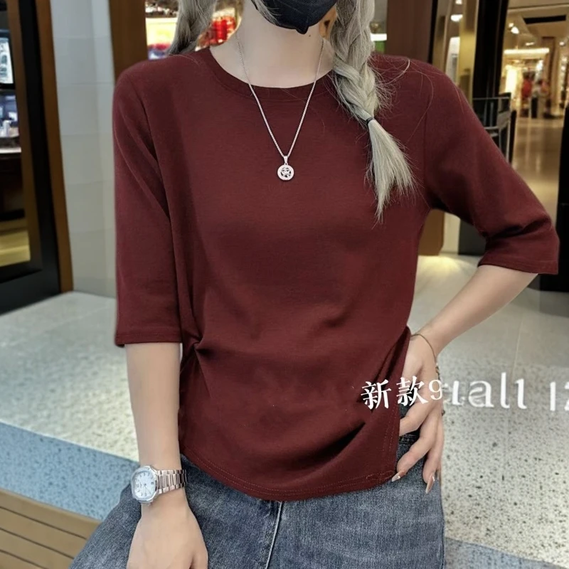 早秋新款安可啦红中袖T恤时尚显瘦不规则精品棉大板潮流七分袖