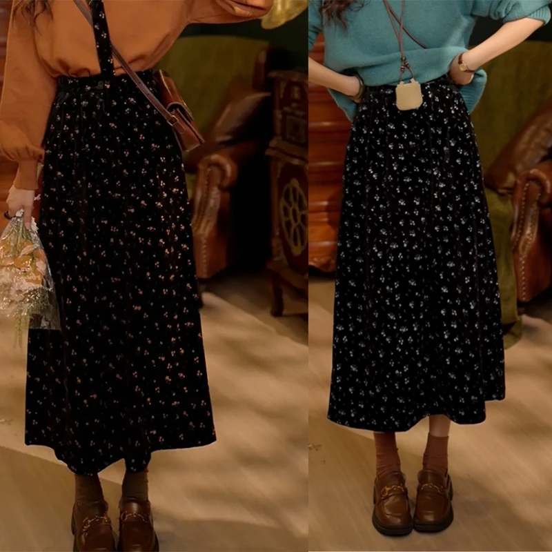 扣子家【神秘之夜】港风复古碎花半身裙高腰中长款裙子KC890837-1