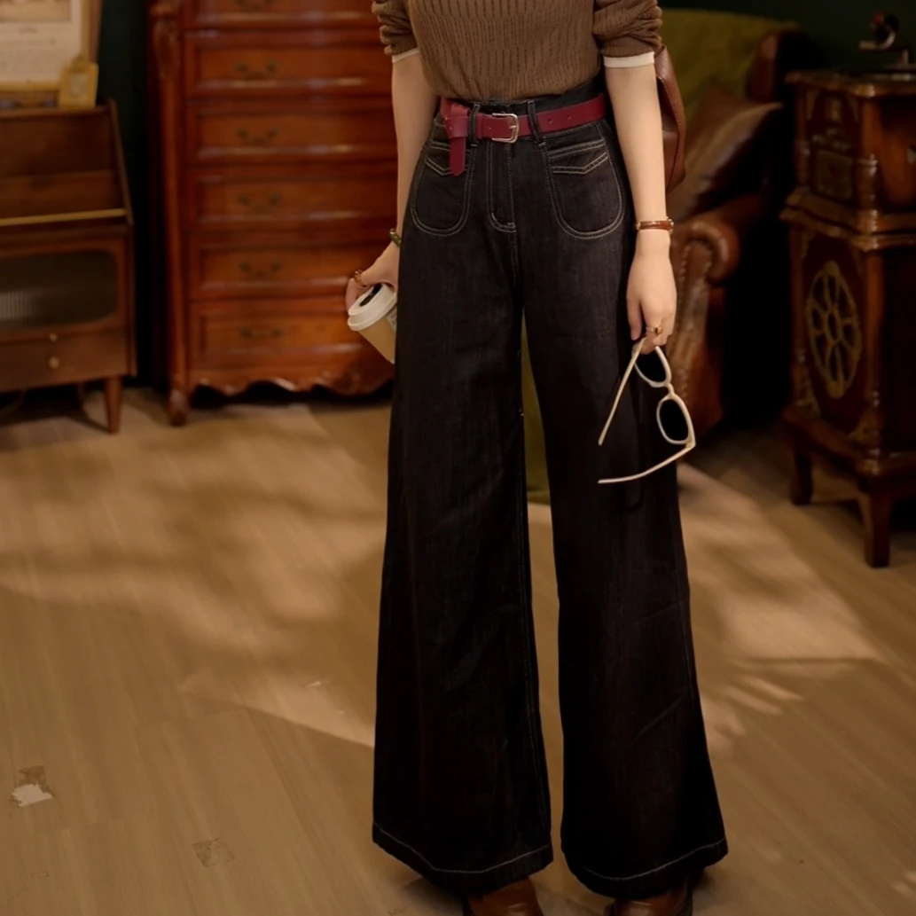 带腰带 扣子家【蓝调时分】港风复古高腰百搭阔腿牛仔长裤KA628288