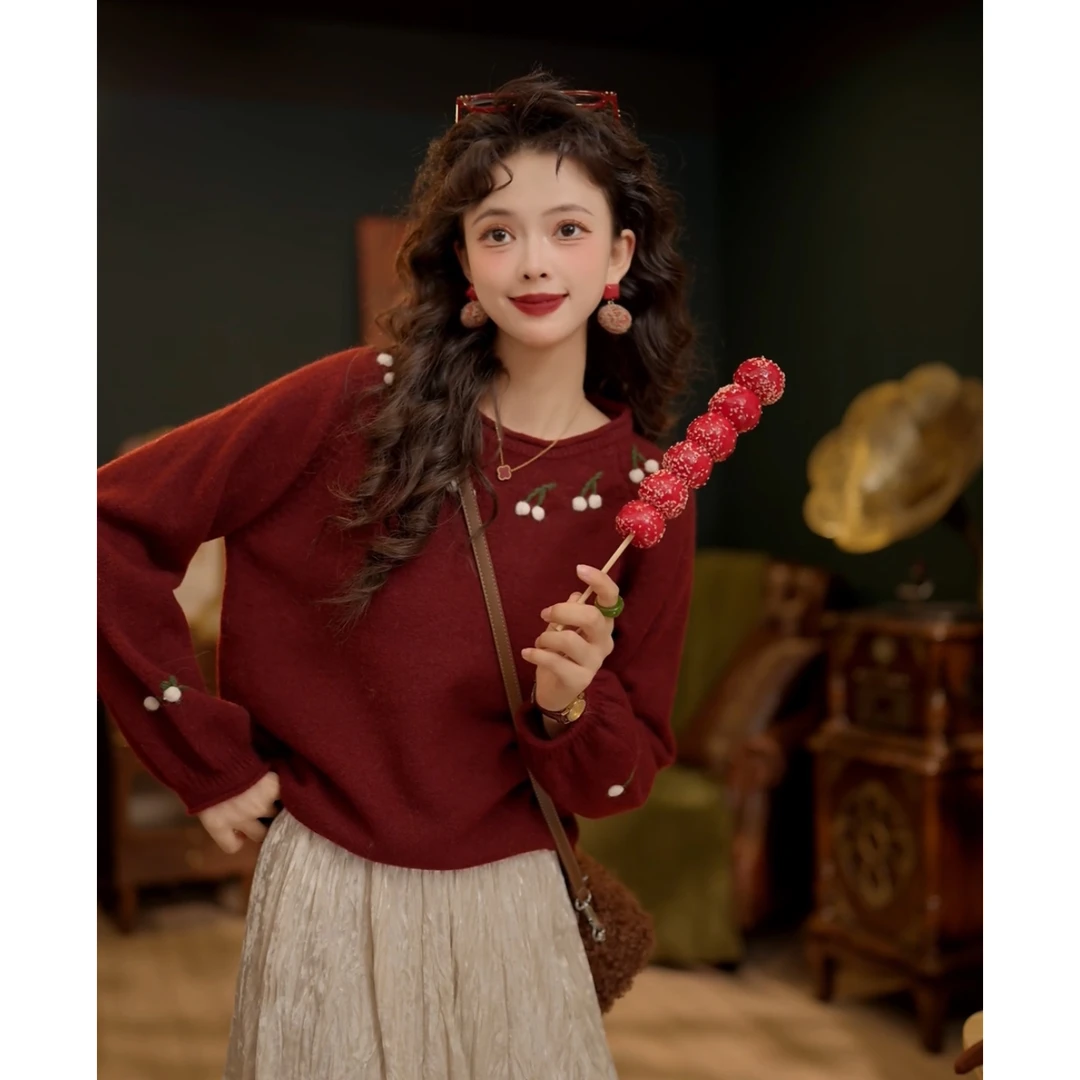 扣子家【遇见美好】港风复古秋冬红色圆领套头针织衫KC1988306