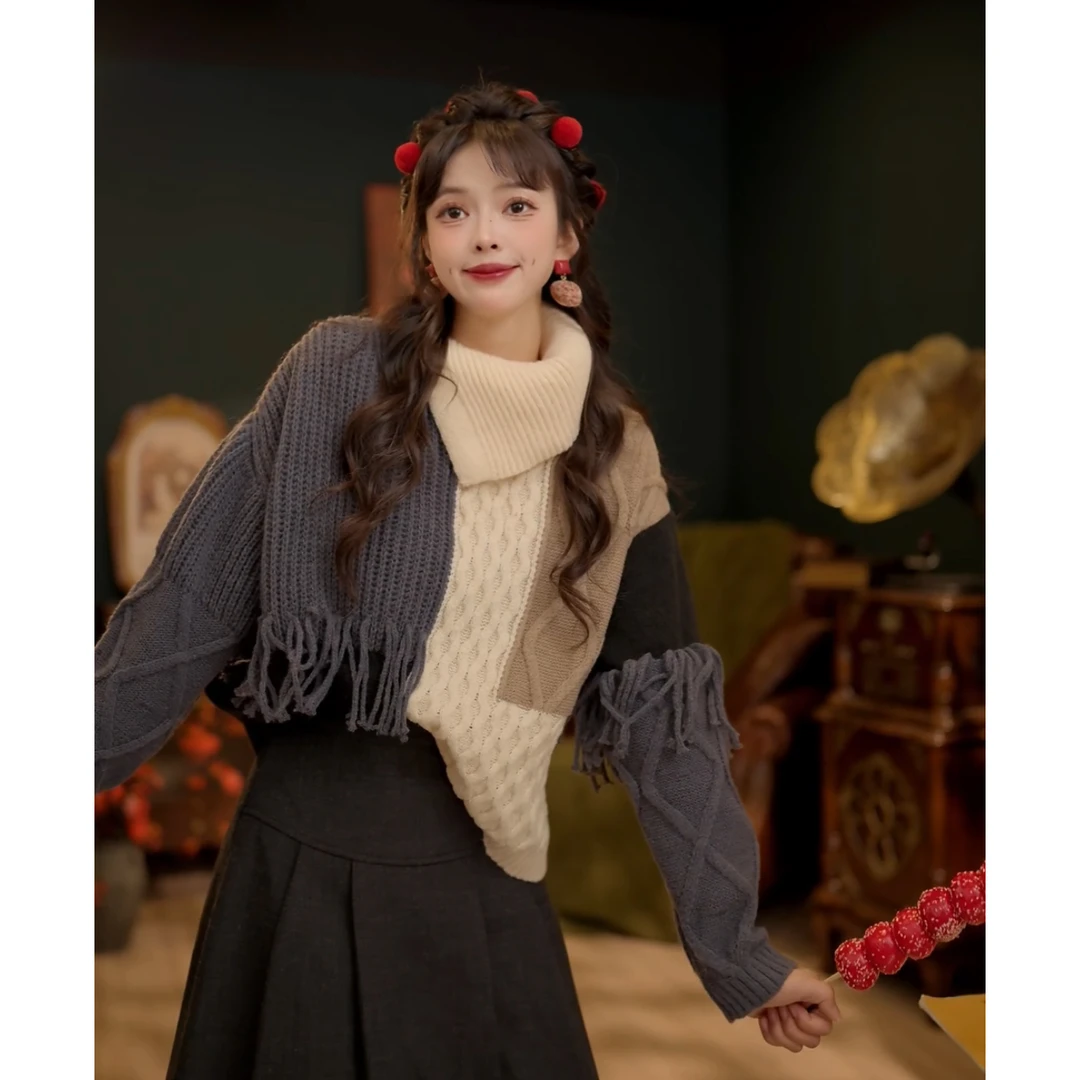 扣子家【暮雪流年】港风复古秋冬拼色针织宽松毛衣上衣KA1999350