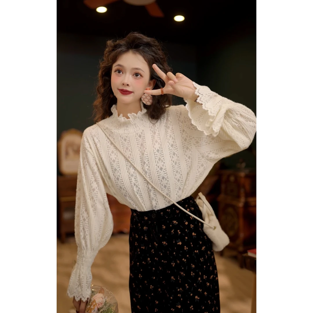 扣子家【月满西窗】港风复古蕾丝长袖女打底显瘦上衣KA1999089
