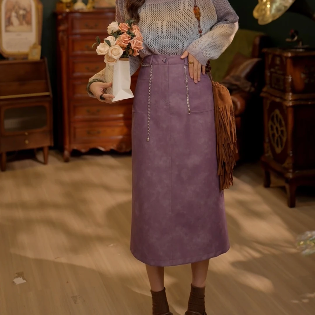 扣子家【雾都黎明】港风复古高腰显瘦半身裙女秋冬PU皮裙KE0824417