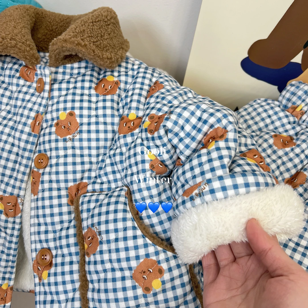 【现货】儿童小熊加绒翻领韩版家居服套装冬季新款保暖睡衣GD12232
