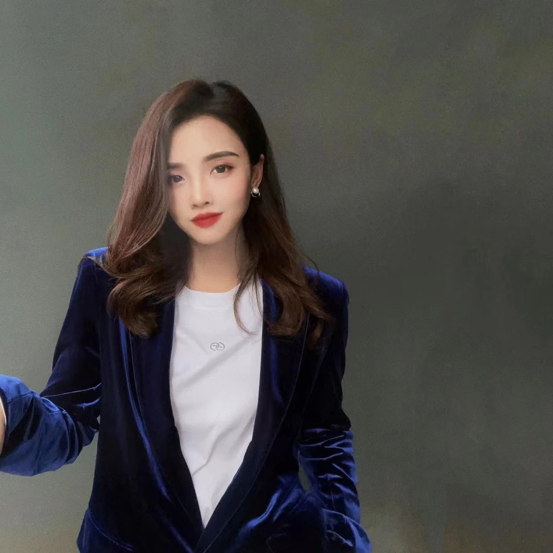 GIRDEAR/哥弟春季时髦气质显瘦高贵优雅宝蓝色丝绒西服1400223