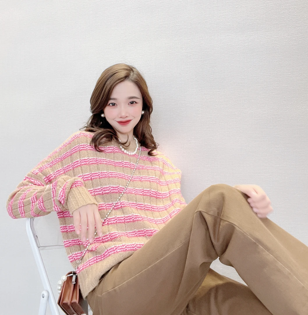 GIRDEAR/哥弟早秋时髦显瘦气质百搭慵懒秋冬条纹毛衣1399432