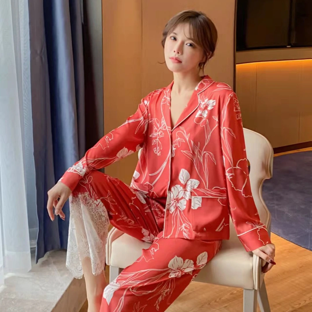 春秋女学生软冰丝超薄印花有垂感居家服套装丝滑睡衣外穿直筒长裤