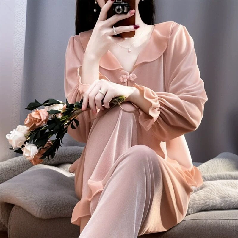法式甜美轻奢冬款海岛绒睡衣娃娃领粉色高级感家居服洋气时尚气质