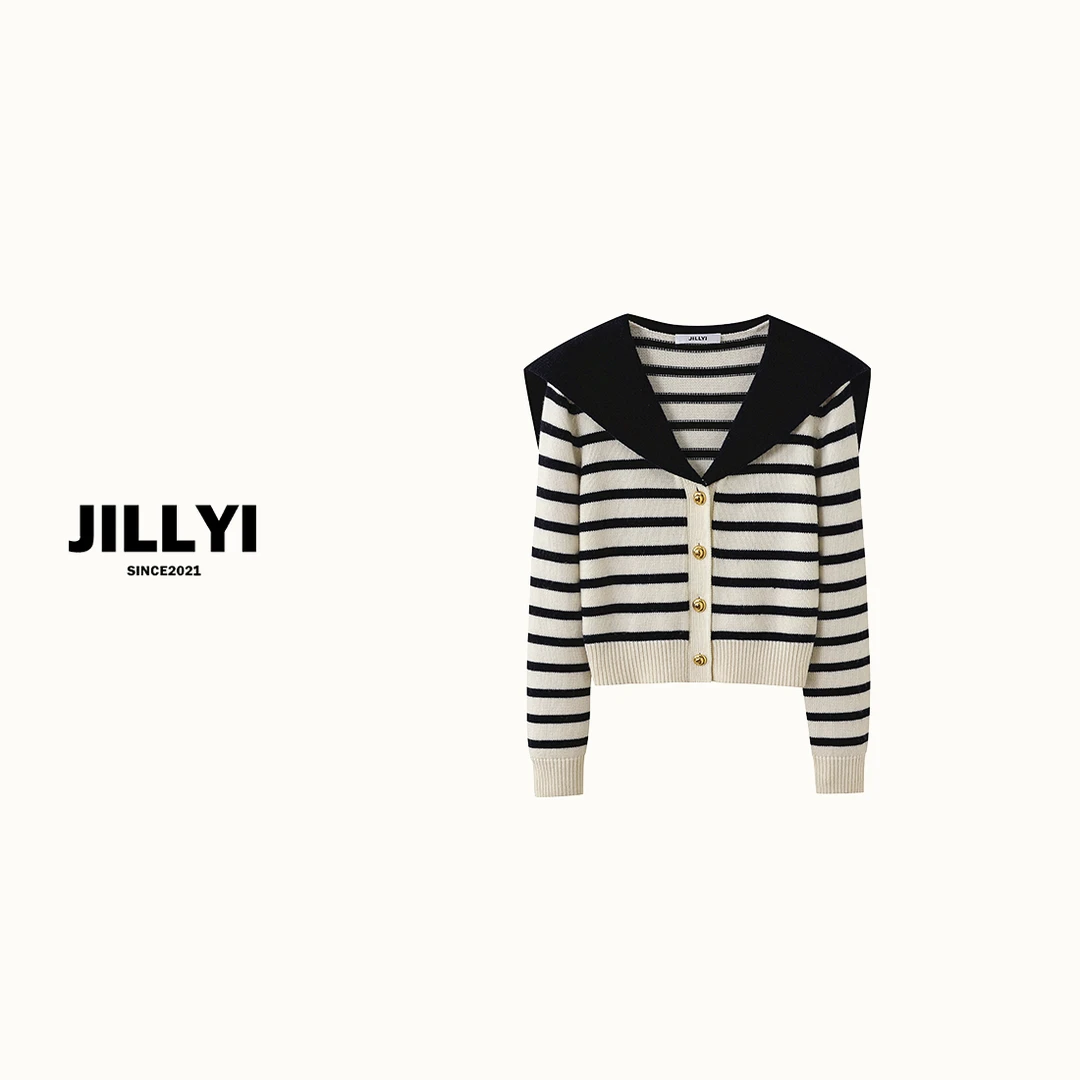 JILLYI珠海店【罗马假日】海军风条纹撞色针织开衫百搭休闲秋季长袖