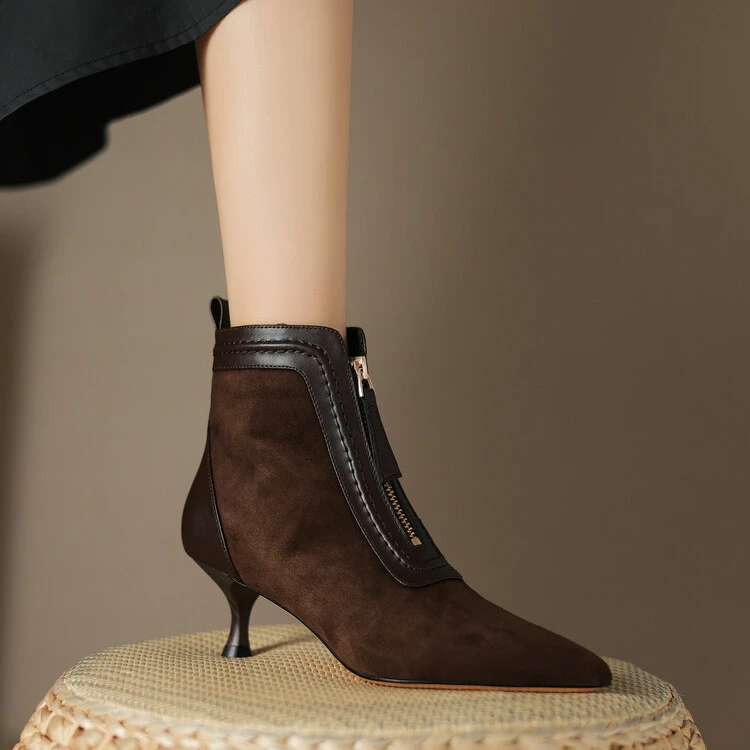 羊皮 5CM 秋冬新款法式优雅百搭气质女人味棕色高跟尖头短靴