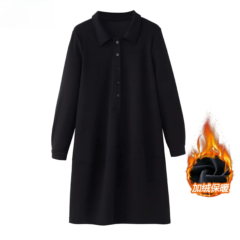 长袖休闲大码女装2024冬季气质时尚翻领中长款连衣裙ZB4883加绒