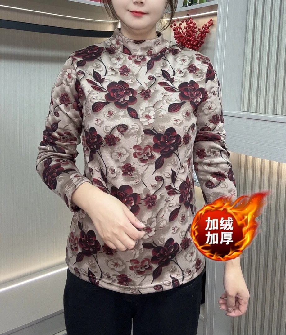 【加绒加厚】秋冬新款时尚百搭妈妈装秋季时尚女加绒加厚款打底衫