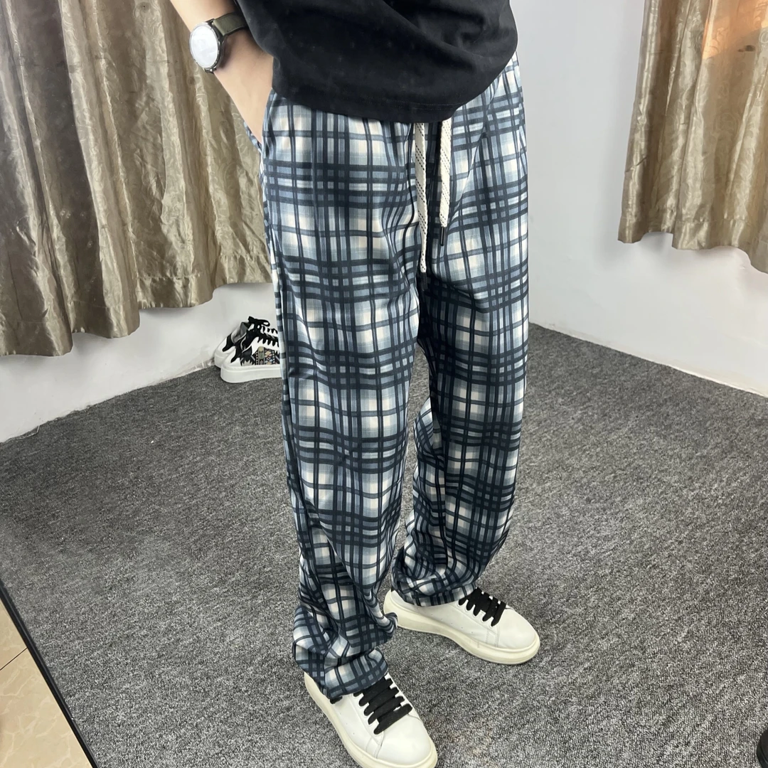 高级感格子裤子男春秋潮流垂感格纹直筒裤美式复古宽松阔腿休闲裤