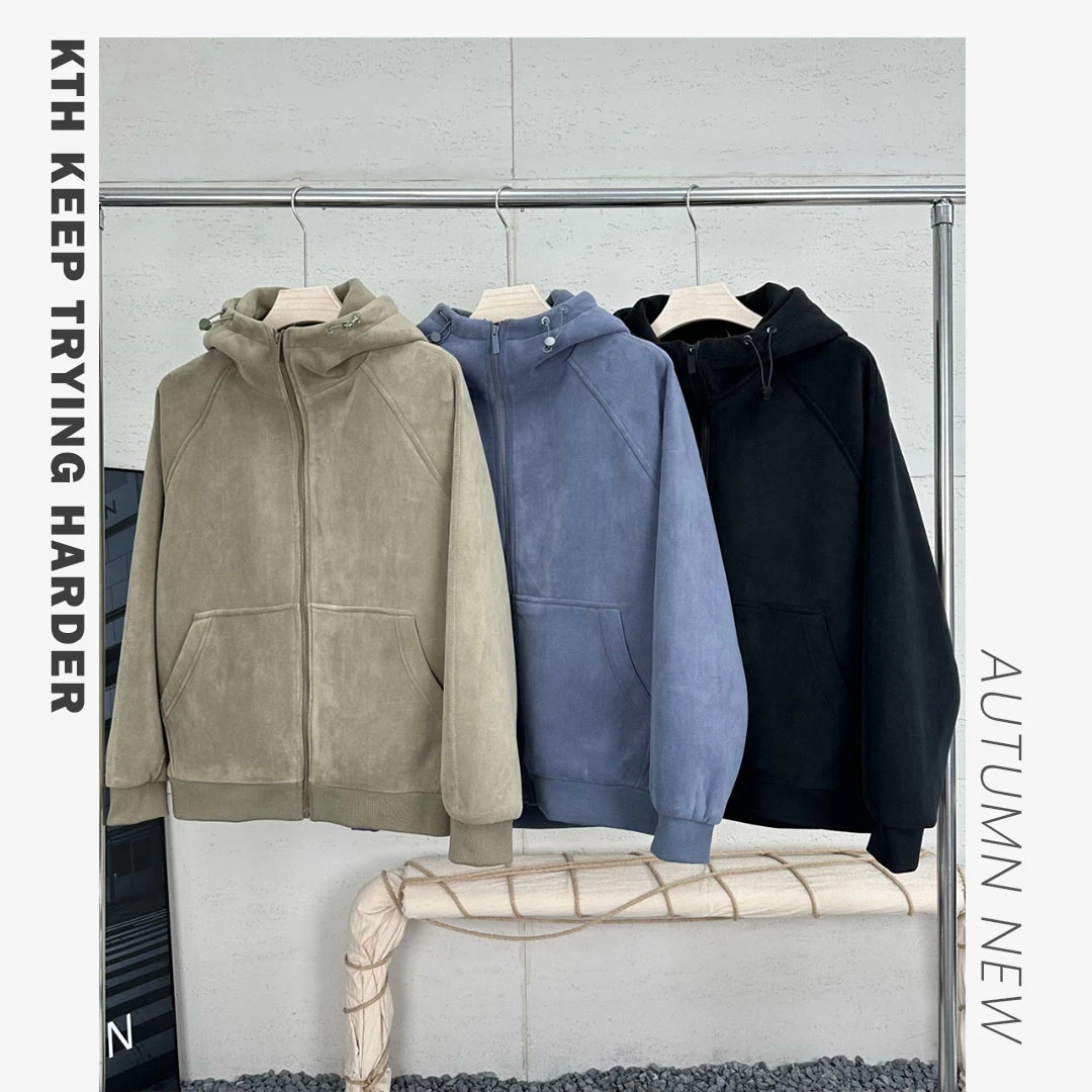 奥粒绒连帽开衫外套男士春秋冬季拉链纯色简约外套加厚宽松上衣服