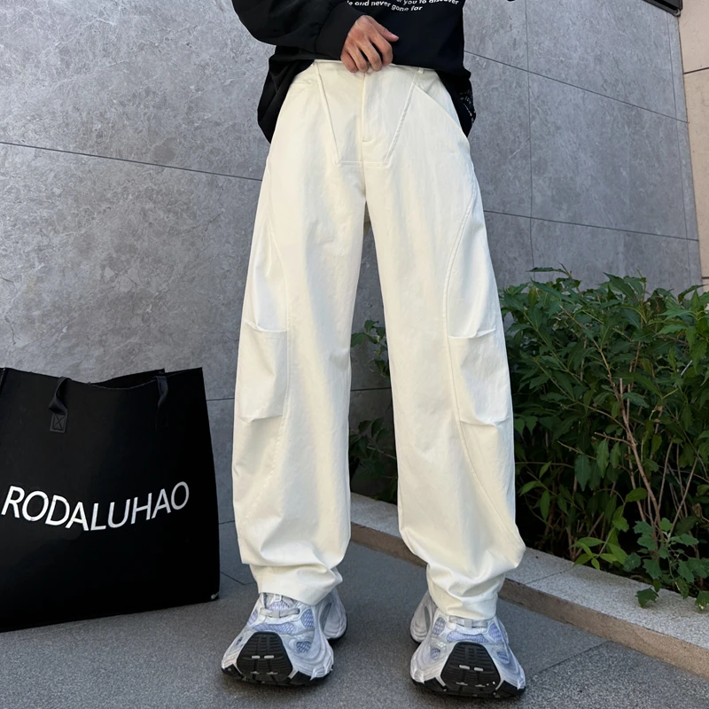 白色阔腿休闲裤男款春秋季新款宽松直筒褶皱设计感显瘦潮流长裤子