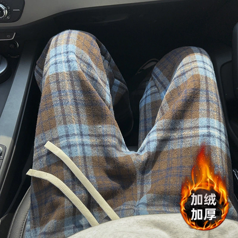 蓝棕拼色格子裤子男款秋冬美式复古直筒阔腿裤加绒加厚毛呢休闲裤