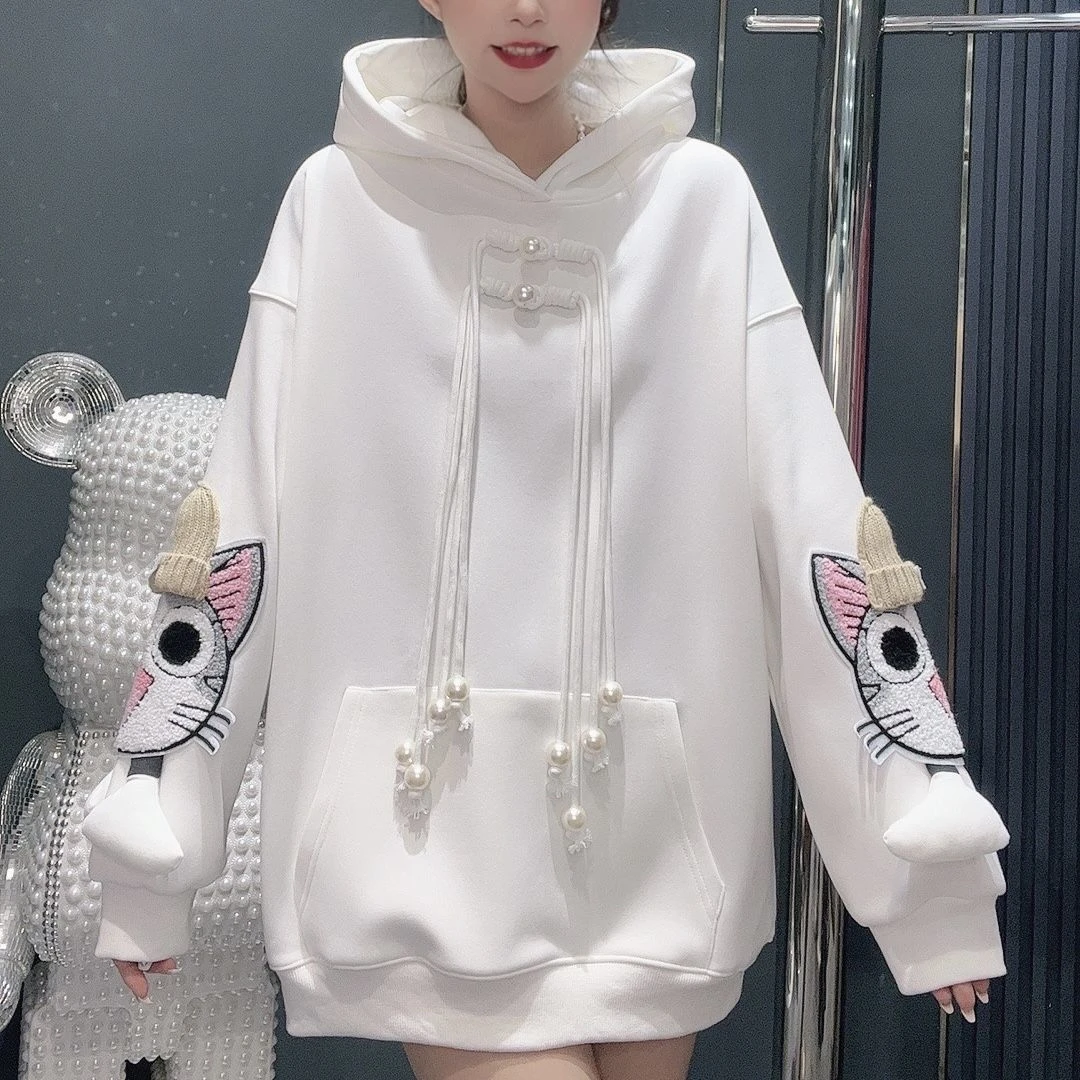 外穿加绒加厚连帽中性风国潮卫衣女时尚减龄中长款上衣鲨鱼裤专用