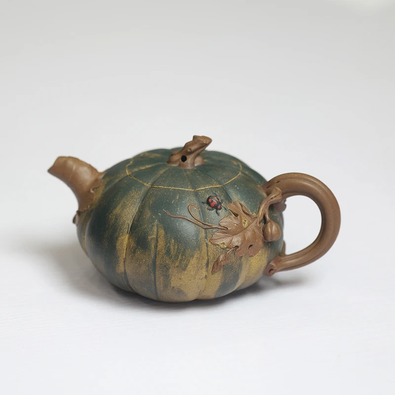紫砂花器王泽新/南瓜壶/340cc/黄金段粉浆绿泥/全手工制作