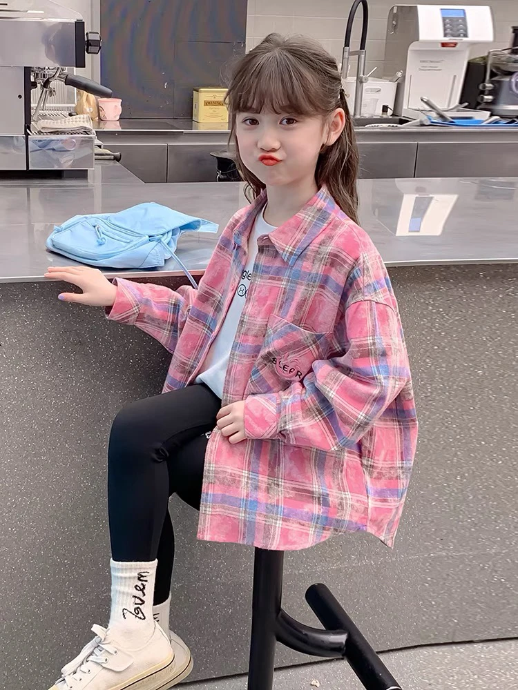 女童格子衬衫2024新款洋气秋装儿童秋季薄款长袖衬衣女孩春秋外套