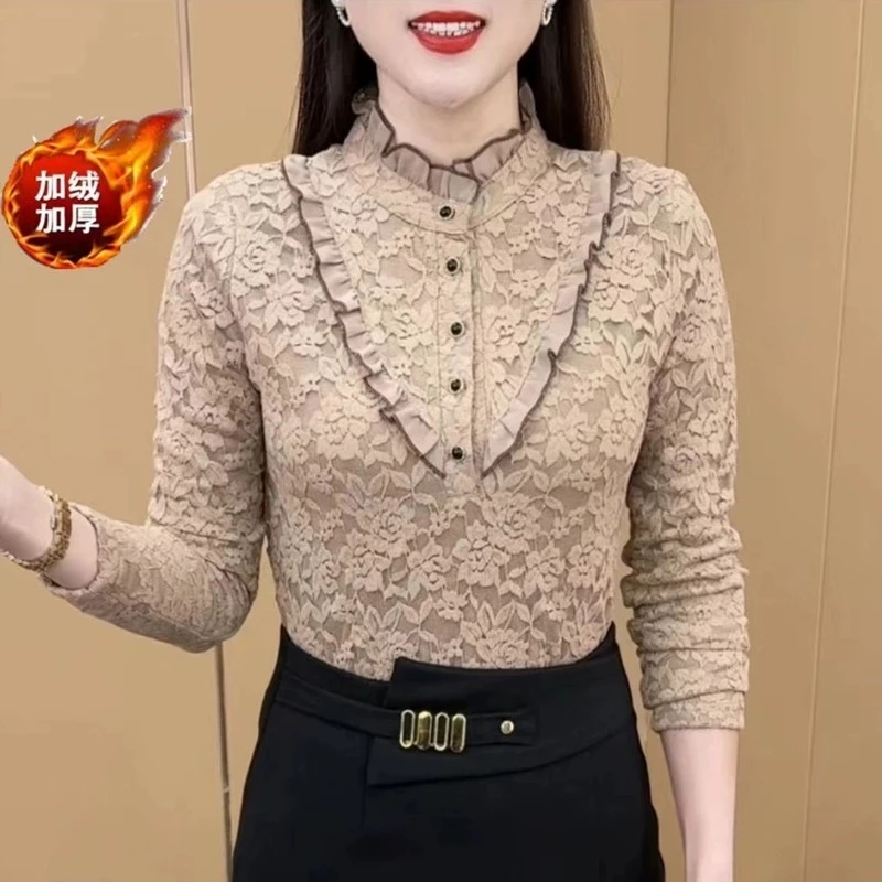 XUDUOMI/许多米时尚加绒加厚洋气百搭上衣爆款蕾丝内搭打底小衫女