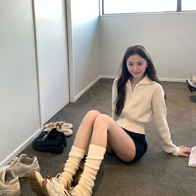 番茄妹妹Tomatosister大翻领修身显瘦针织开衫女短款拉链针织外套