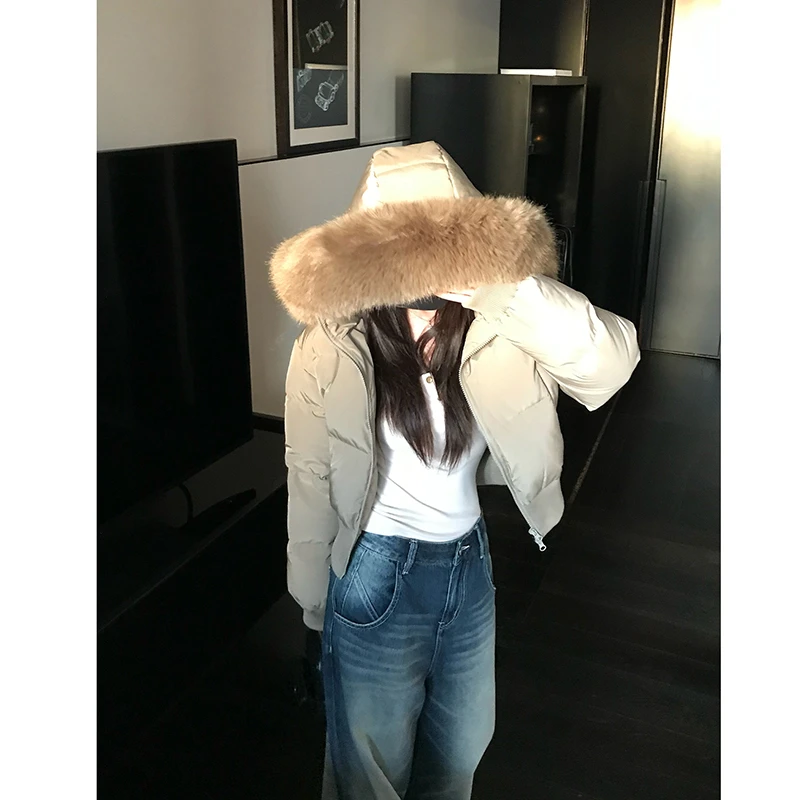 番茄妹妹Tomatosister 冬季毛领连帽收腰加厚棉服外套短款设计女