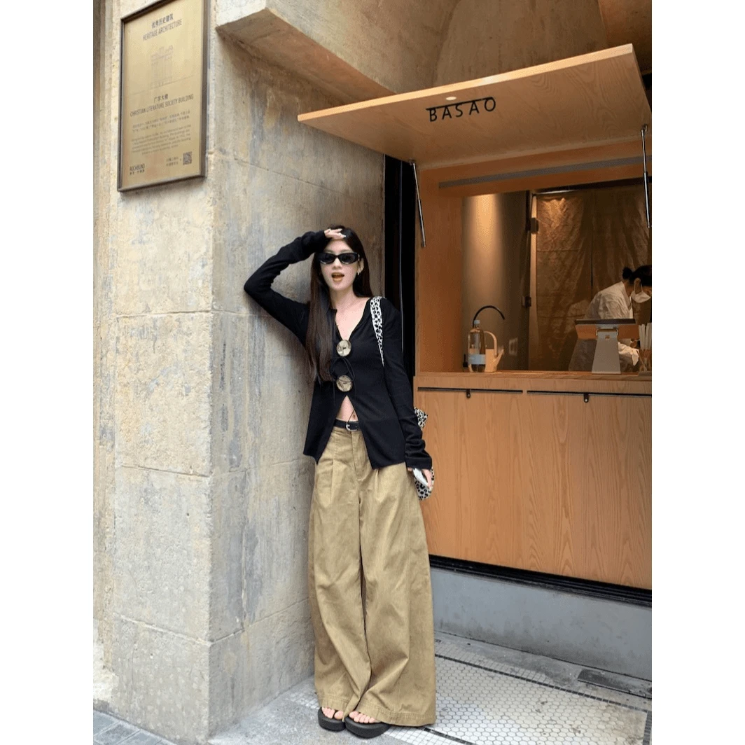 2024秋装新款美式复古辣妹休闲阔腿卡其色高腰洗水宽松拖地裤