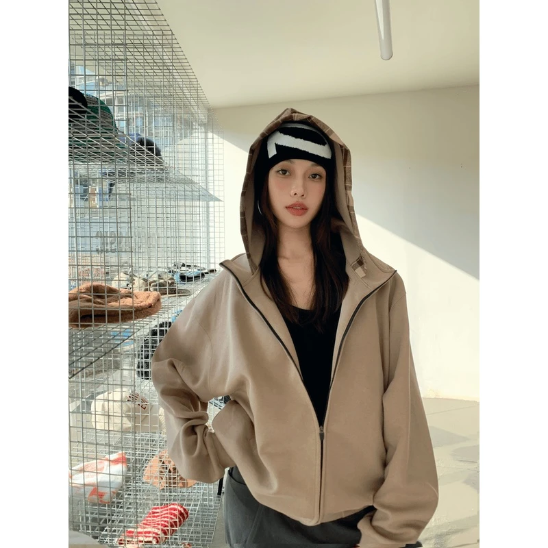 复古美式街头纯色连帽卫衣外套女2024秋季新款宽松休闲开衫上衣