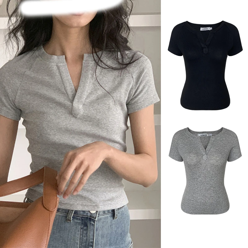 韩系纯欲辣妹紧身V领纯色短袖t恤女2024夏季新款休闲正肩短款上衣