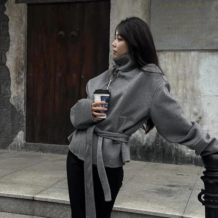 番茄妹妹Tomatosister高级感毛呢外套女气质短款双面呢夹棉大衣冬