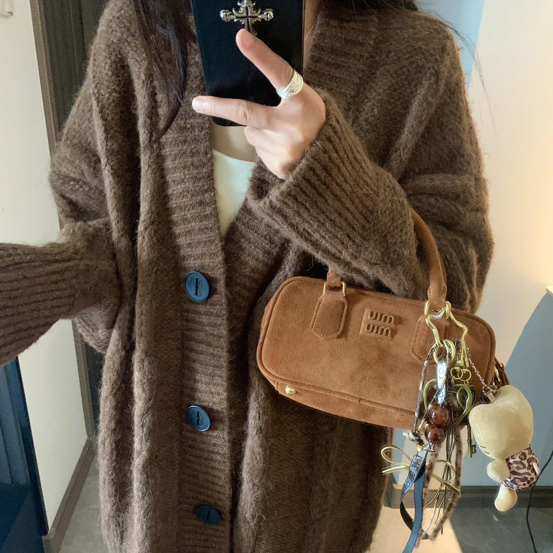 番茄妹妹Tomatosister 秋冬复古宽松慵懒v领加厚麻花针织毛衣外套