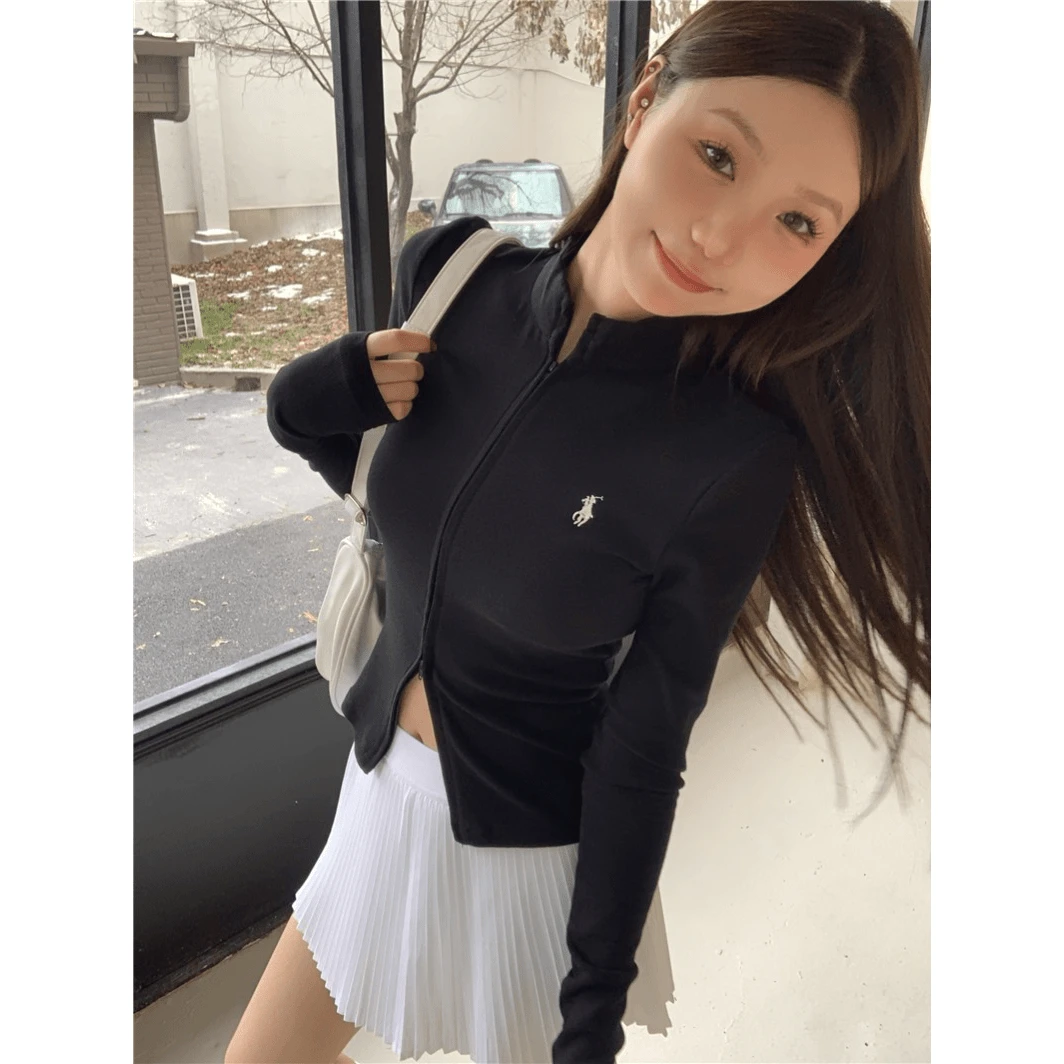 2024秋款百搭辣妹双拉链立领坑条针织开衫修身显瘦外穿短款上衣女