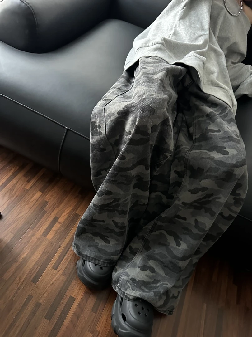 番茄妹妹Tomatosiste 早秋新款美式街头复古百搭迷彩阔腿牛仔裤女