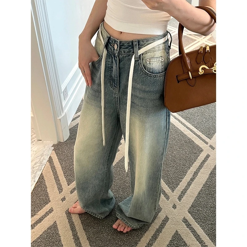番茄妹妹Tomatosister浅色百搭阔腿牛仔裤宽松洗水百搭抽绳直筒裤
