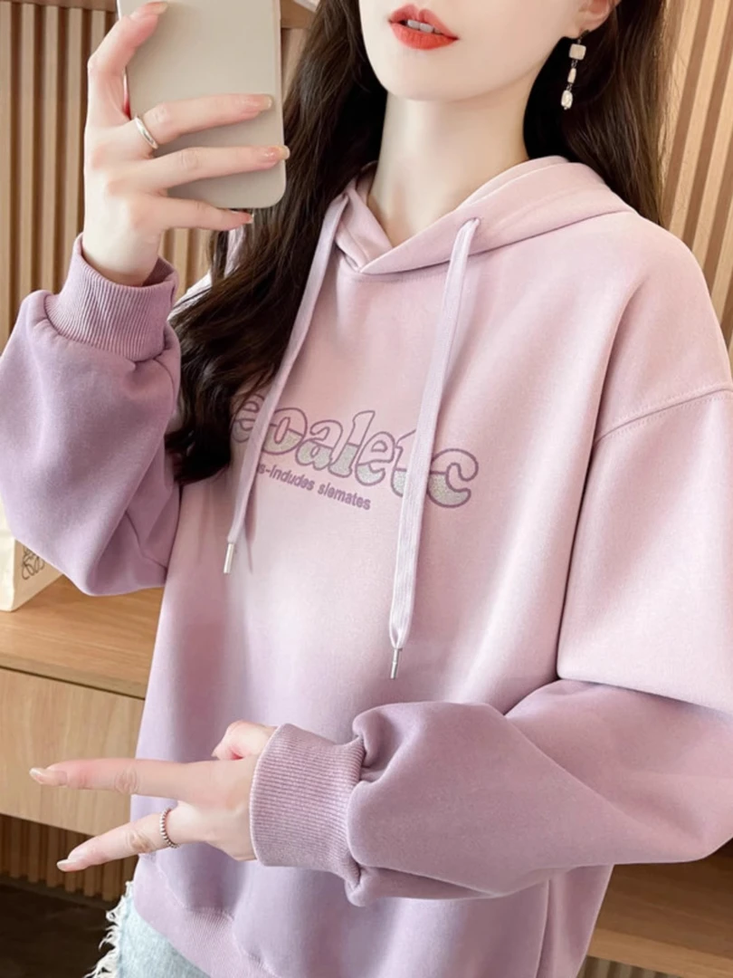 渐变色卫衣女2024新款秋冬季韩版宽松大码加绒加厚初中生学生外套