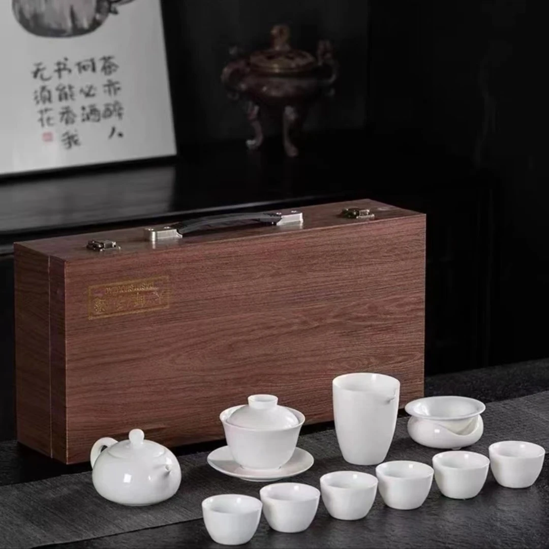 羊脂玉瓷白瓷茶具高端木质礼盒16