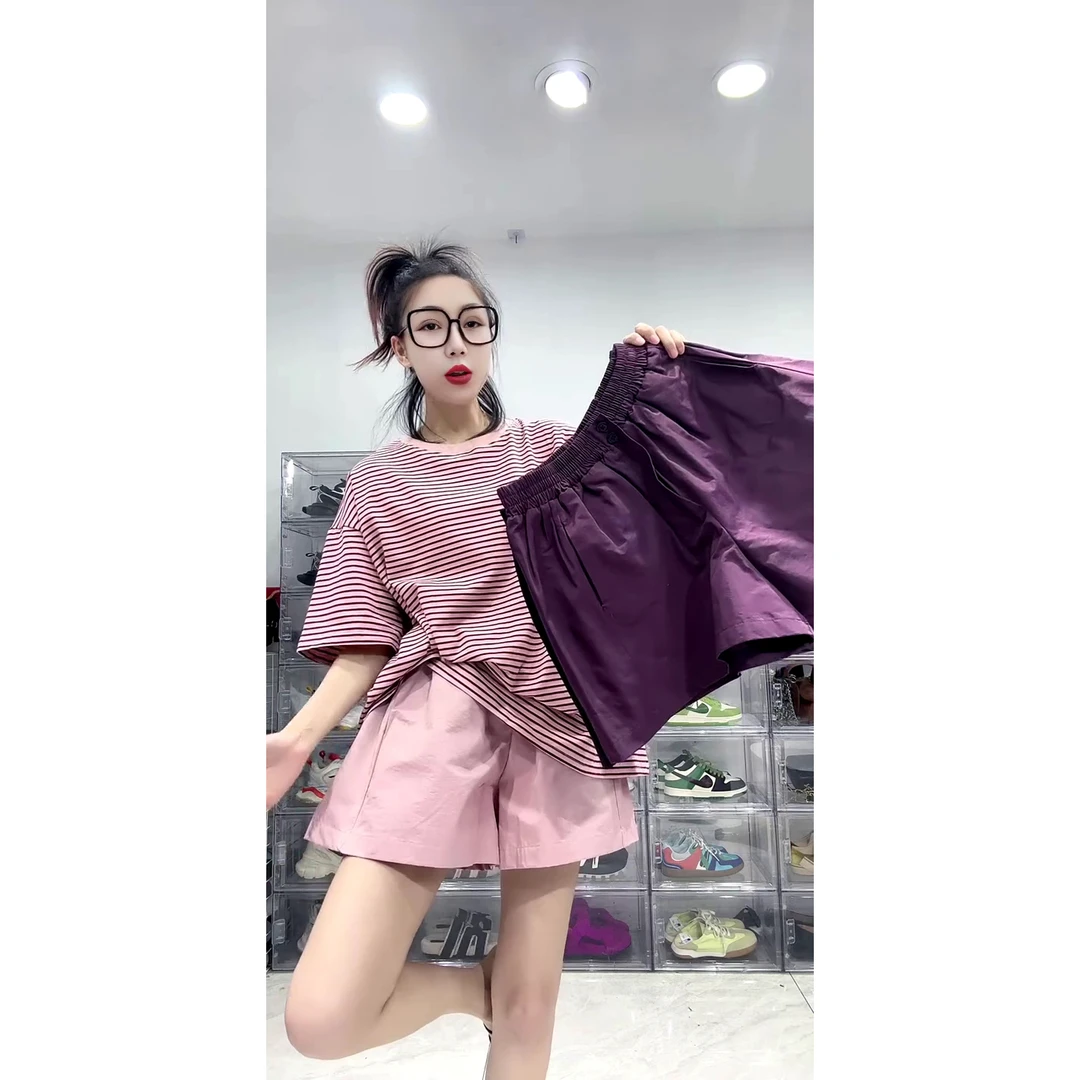 欧货定制2024夏季新款显瘦百搭纯色简约俩粒扣阔腿短裤休闲女