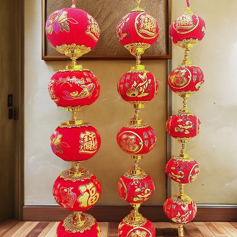绒布全红印花灯笼五连串福字门贴对联灯笼中国结挂件挂串节庆