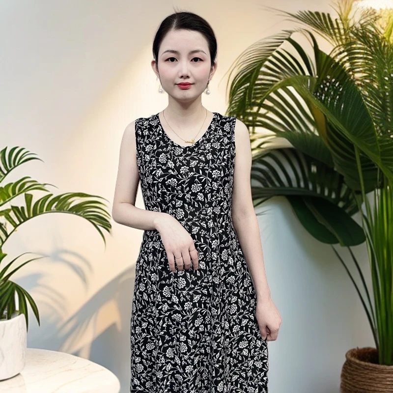 2024夏季新款女士中长款连衣裙时尚气质妈妈装休闲黑色裙子