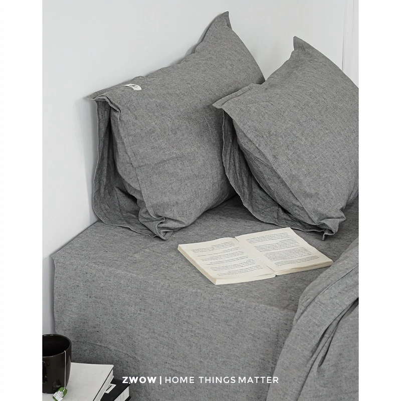 造卧zwow法国雨露麻新疆棉亚麻棉麻侘寂风深浅灰蓝色床品四件套件