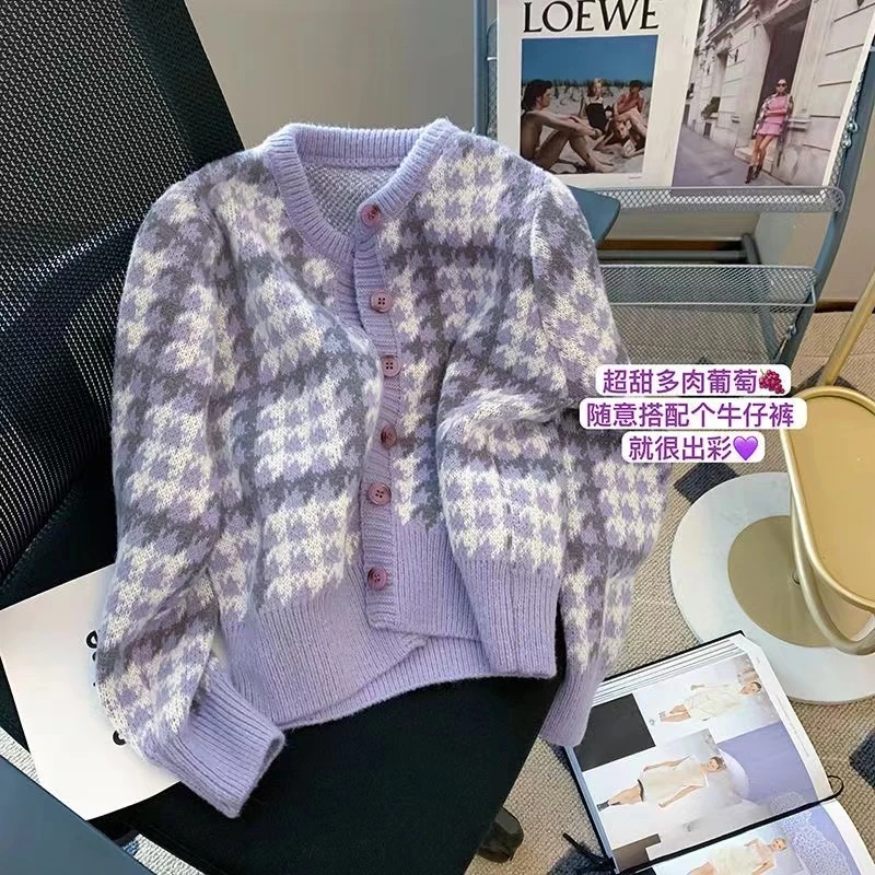 日系短款紫色毛衣女宽松外穿温柔风时尚慵懒风洋气