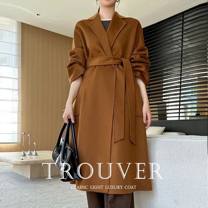 2024新款水波纹浴袍款双面羊绒大衣女纯山羊绒焦糖色中长款外套