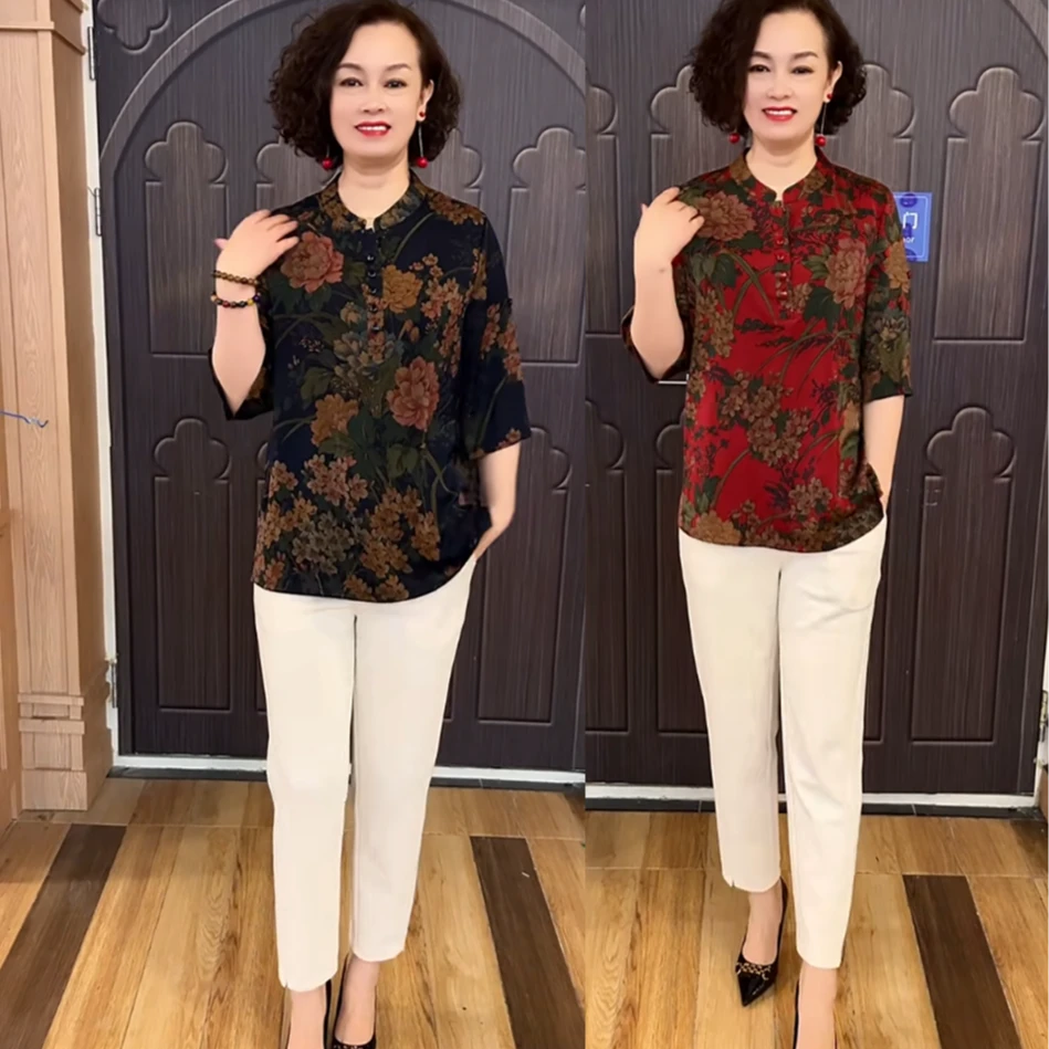 夏季旗袍衫梅兰竹菊七分袖加肥加大码胖妈妈遮肉显瘦减龄上衣