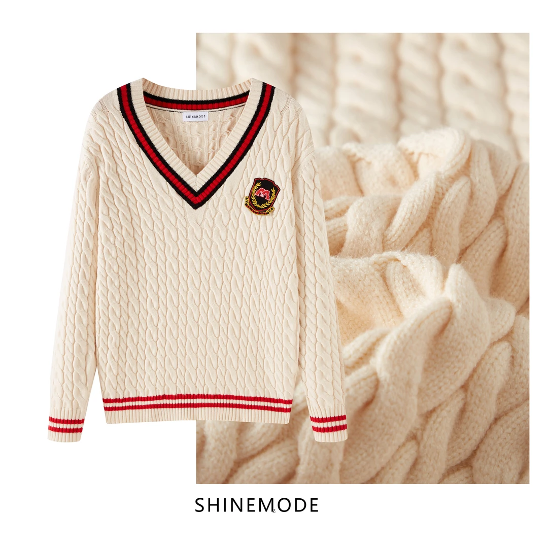 SHINEMODE条纹麻花学院风刺绣标毛衣女冬季撞色长袖套头V领针织衫