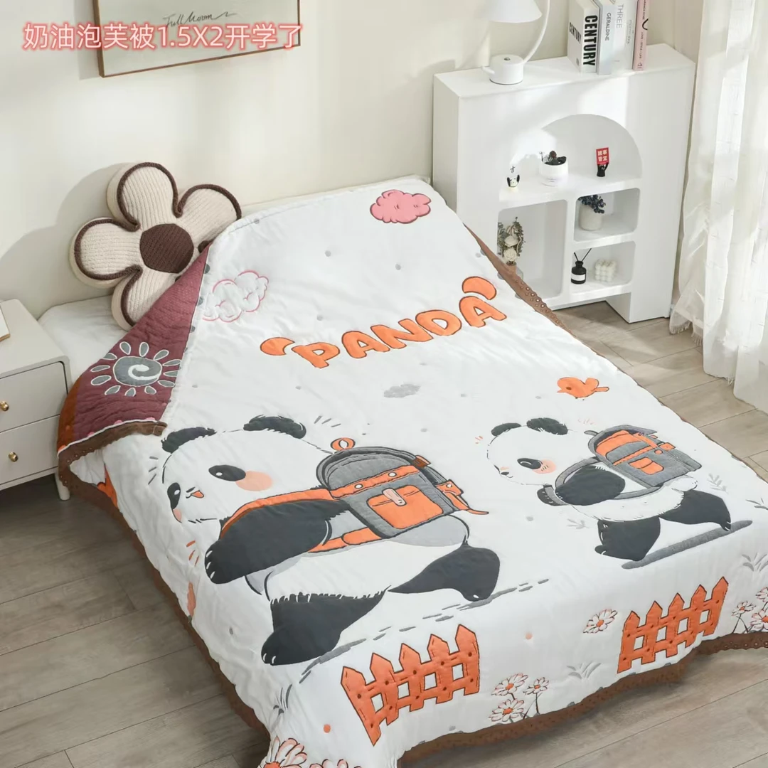 【背书包的熊猫】加厚150*200奶油泡芙被超柔皱皱纱 多层透气纱布被