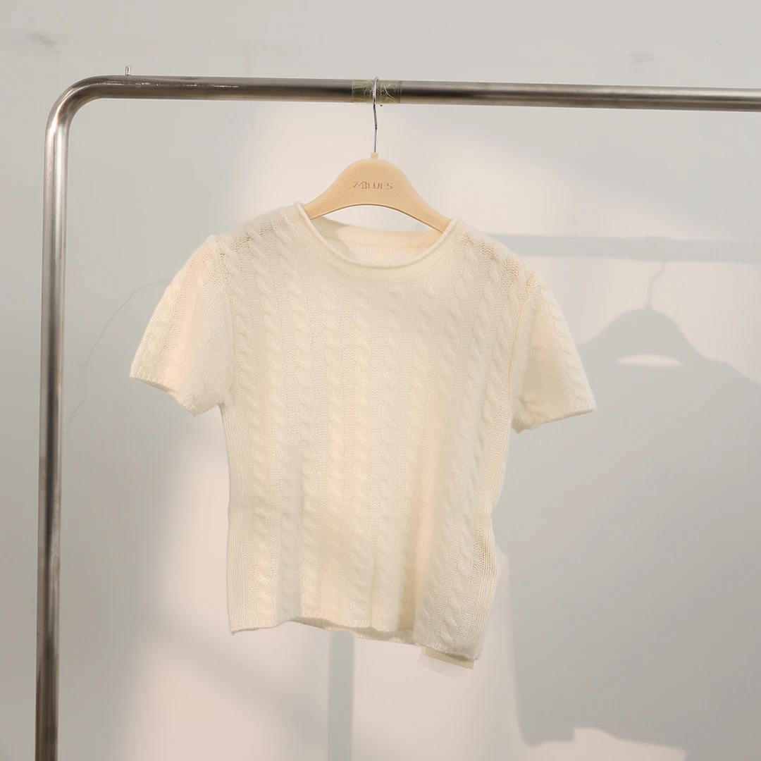 Z.blues【可爱花朵】时尚百搭羊绒绞花圆领短袖薄款针织衫YZQSHA364