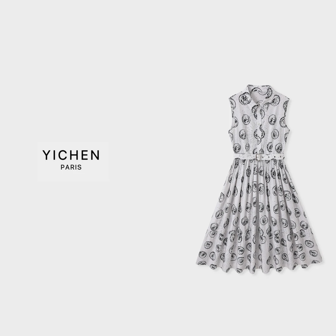 YC 星球系列翻领无袖收腰中长款气质夏季女装连衣裙-1520