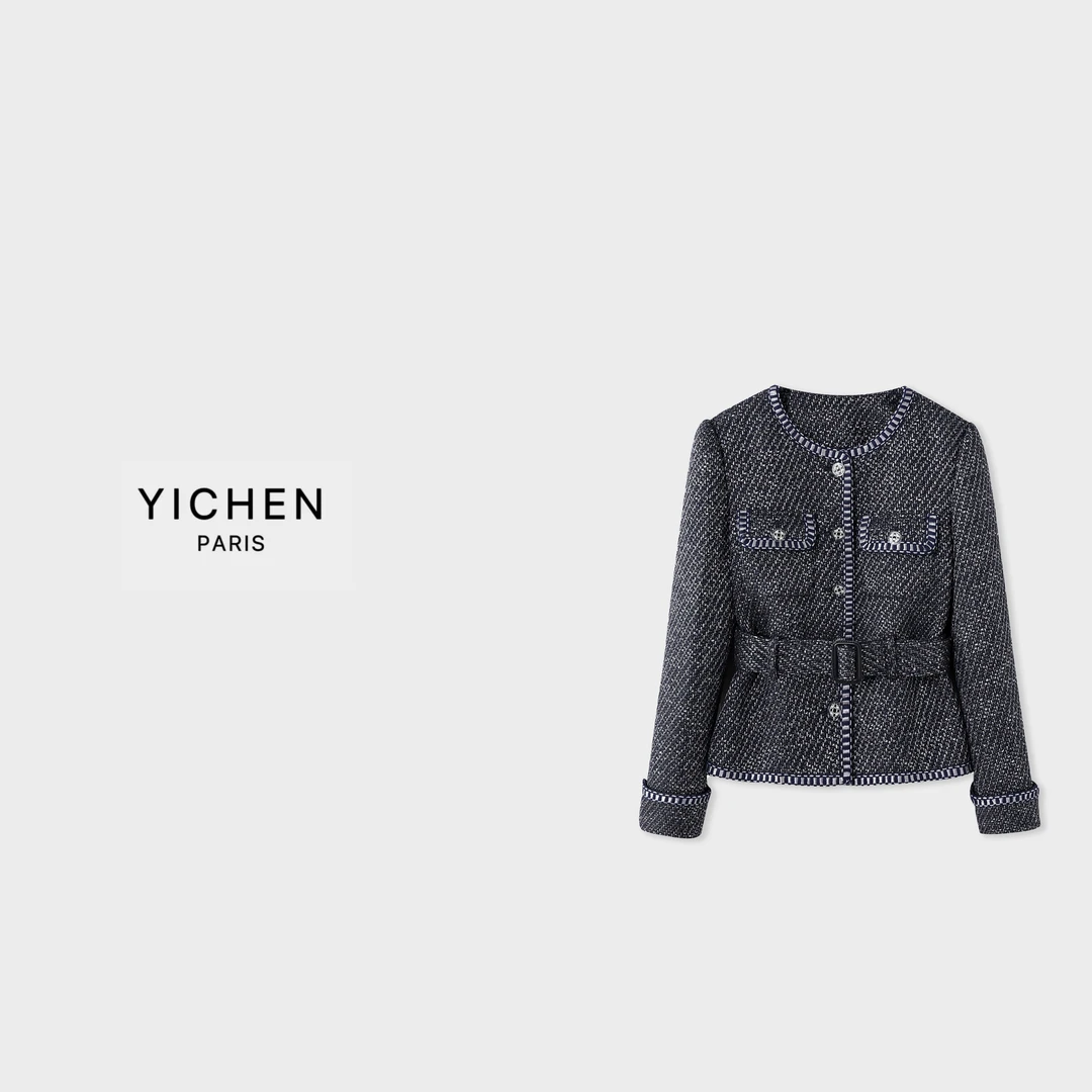 YC 小香风蓝色粗花呢圆领猎装款外套-1279