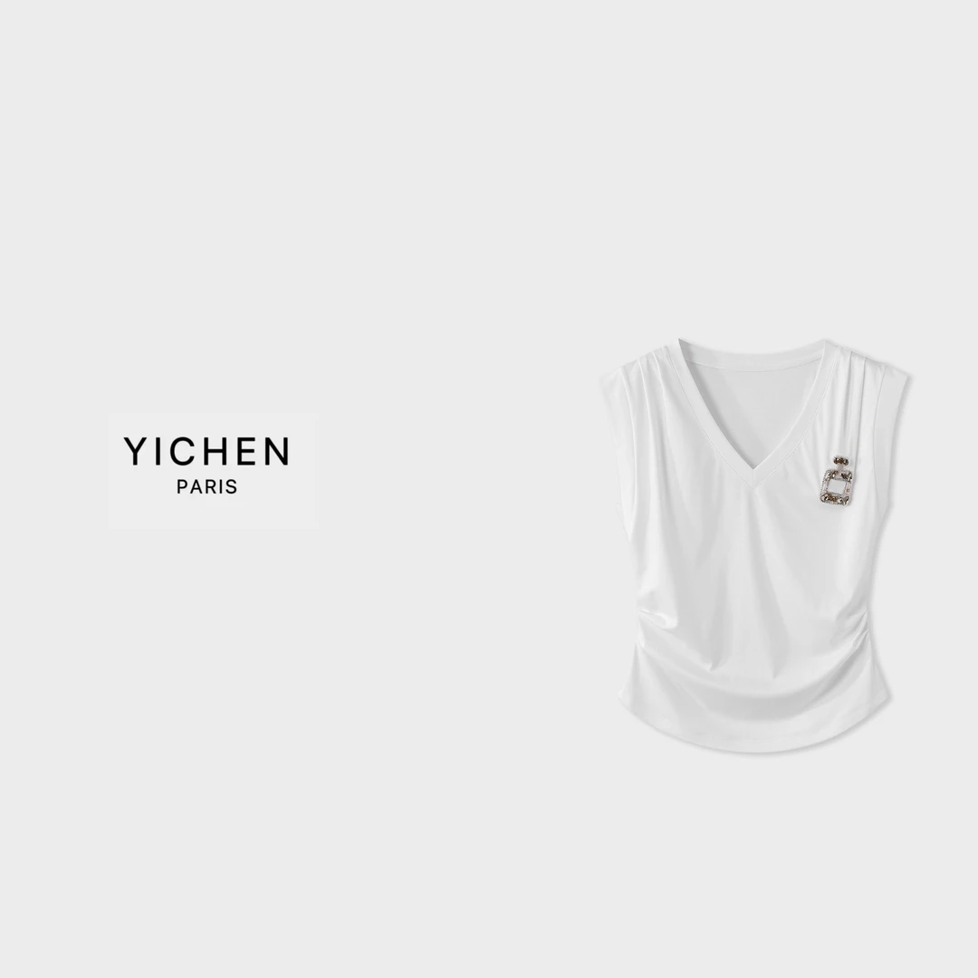YC 夏季女士时尚休闲小香风重工香水瓶白色v领无袖收腰背心-3044